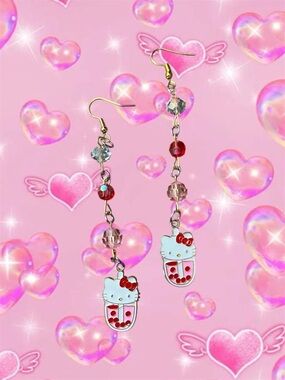 Hello Kitty Red and Pink Beaded Dangle Earrings - Kids Accessories